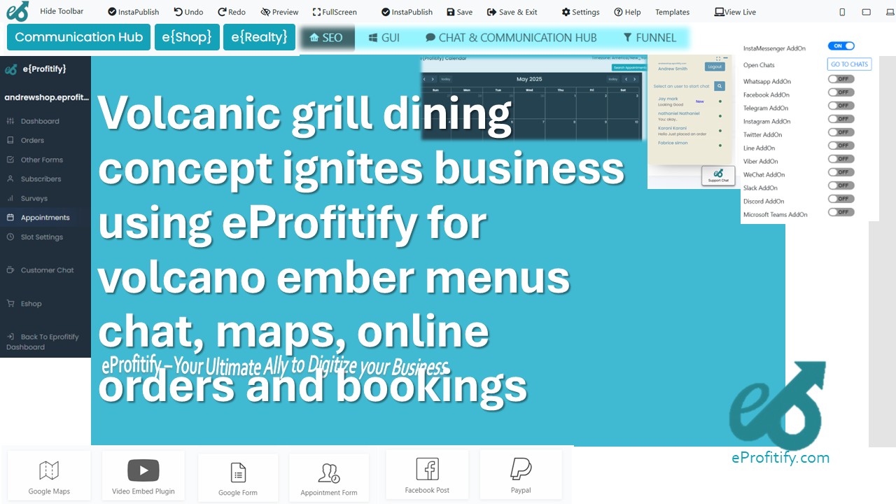 Volcanic grill dining concept ignites business using eProfitify for volcano ember menus chat, maps, online orders and bookings